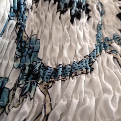 Blue Floral Shirred Bodice Dress with Tie Straps