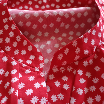 Red Collarless Shirt/Blouse with Daisy Print