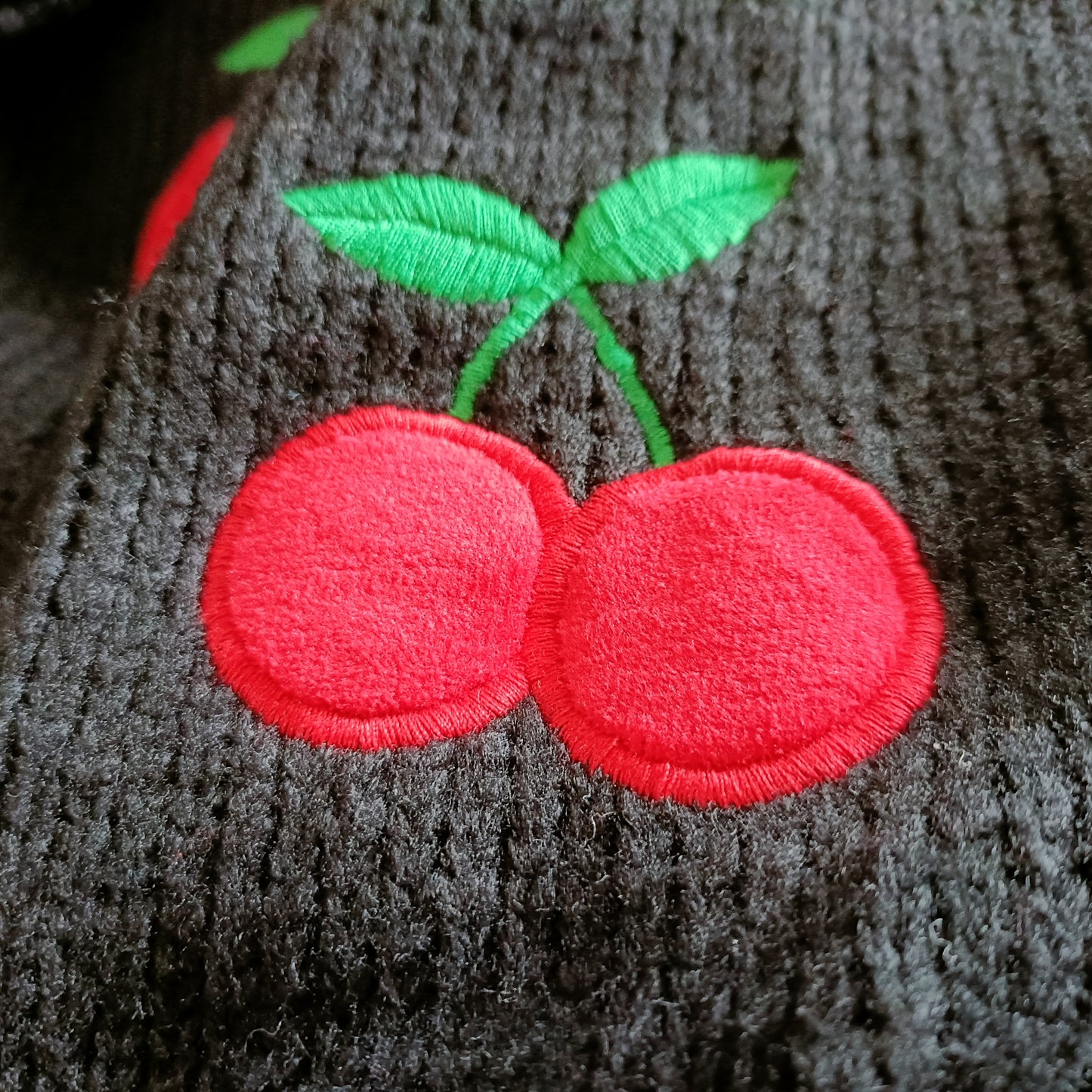 Black Crop Cardigan with Cherry Applique