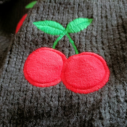 Black Crop Cardigan with Cherry Applique