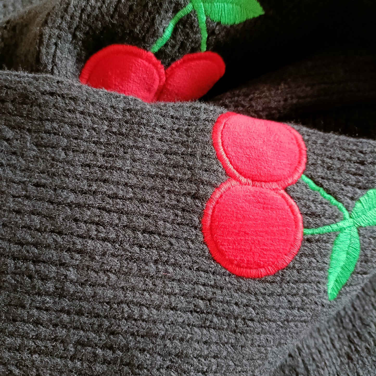 Black Crop Cardigan with Cherry Applique