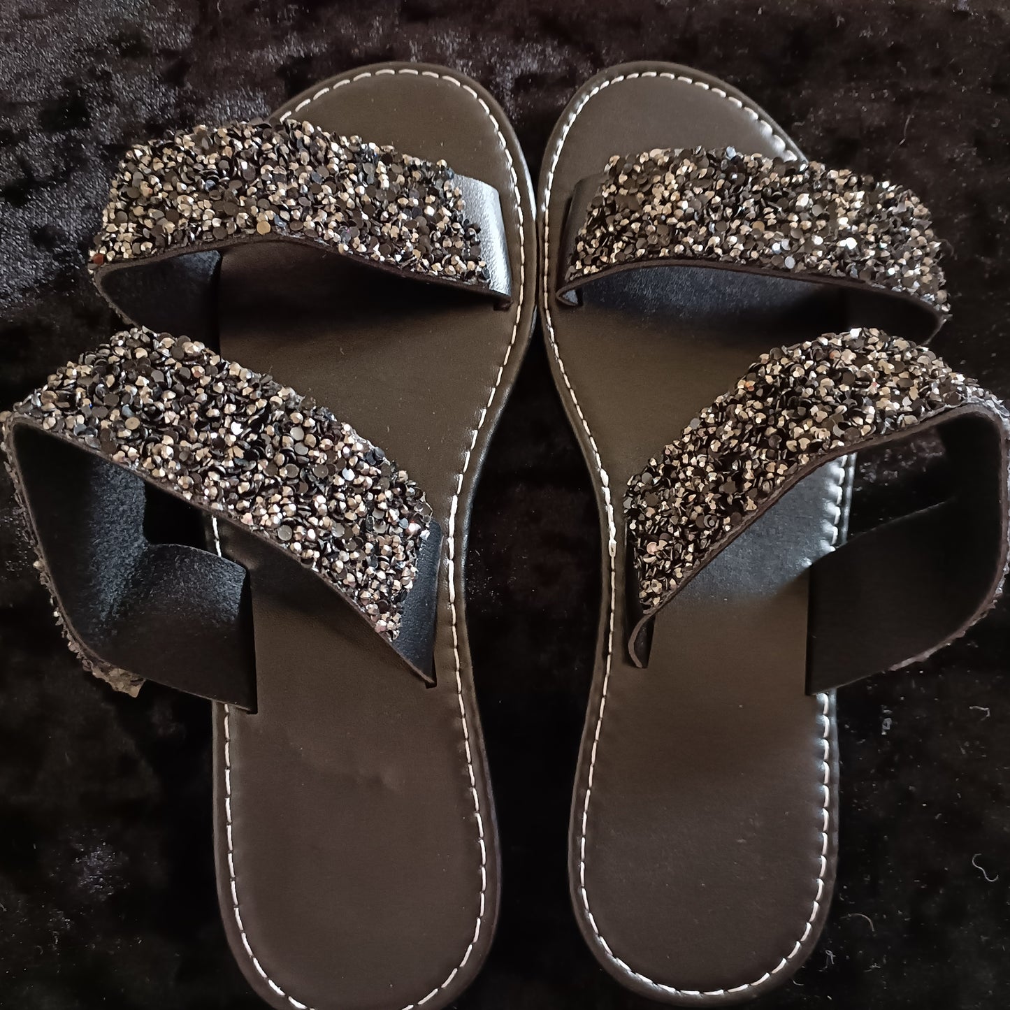 Flat Black Slider Sandals with Black Glitter Straps