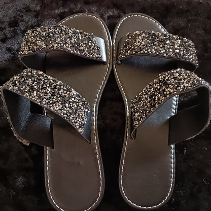 Flat Black Slider Sandals with Black Glitter Straps