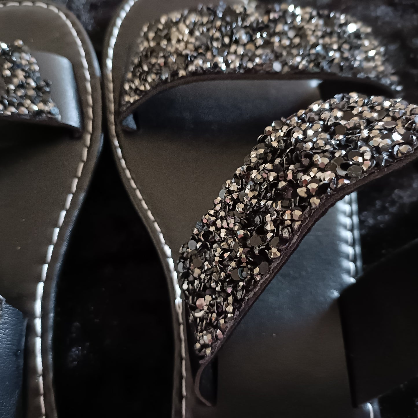 Flat Black Slider Sandals with Black Glitter Straps