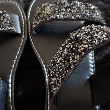 Flat Black Slider Sandals with Black Glitter Straps