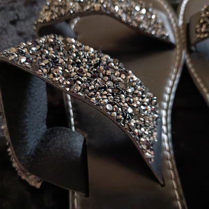 Flat Black Slider Sandals with Black Glitter Straps