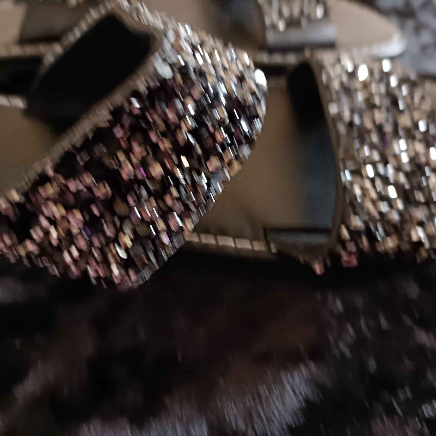 Flat Black Slider Sandals with Black Glitter Straps