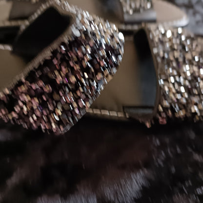 Flat Black Slider Sandals with Black Glitter Straps