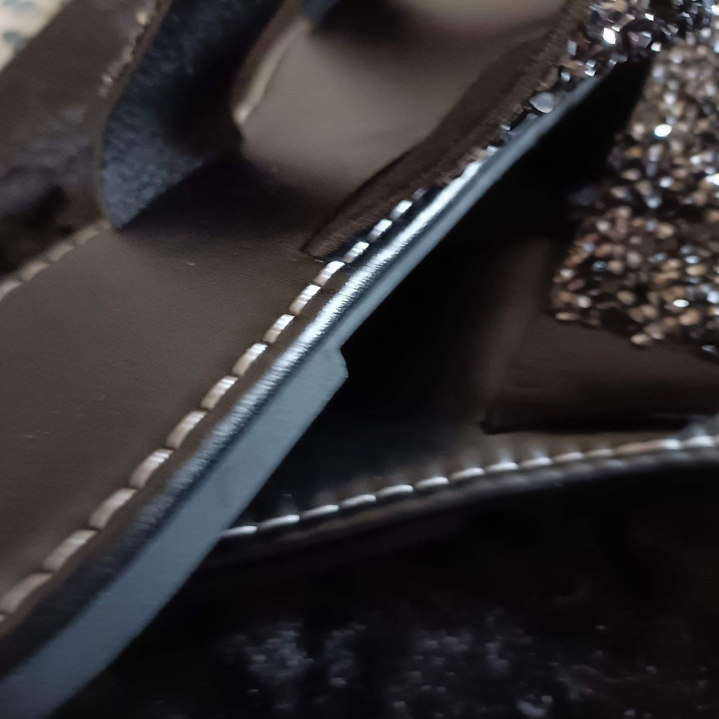 Flat Black Slider Sandals with Black Glitter Straps