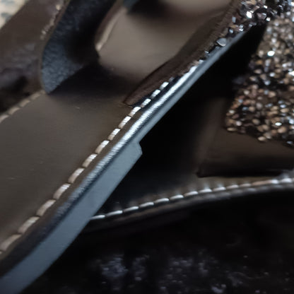 Flat Black Slider Sandals with Black Glitter Straps
