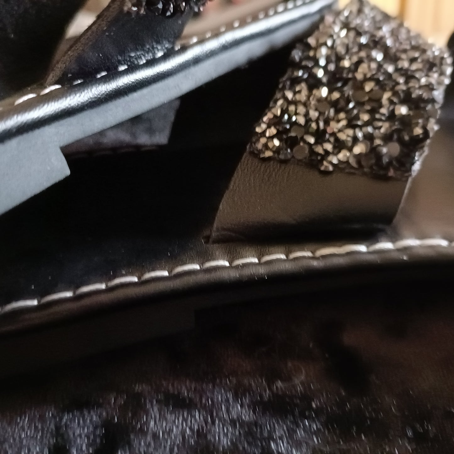 Flat Black Slider Sandals with Black Glitter Straps