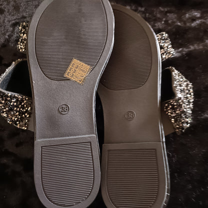 Flat Black Slider Sandals with Black Glitter Straps