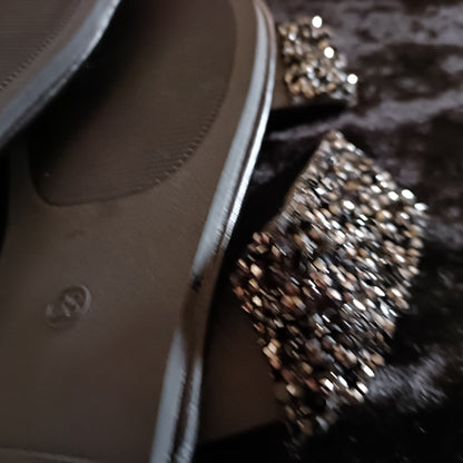 Flat Black Slider Sandals with Black Glitter Straps