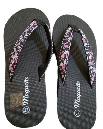 Black Wedge Flip Flops with Floral Strap