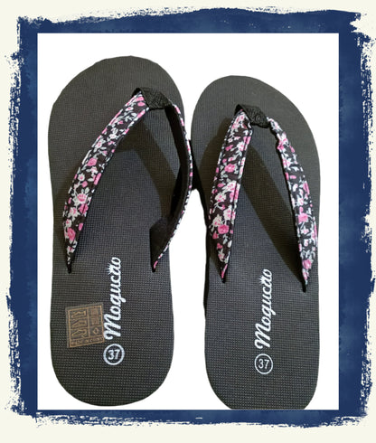 Black Wedge Flip Flops with Floral Strap