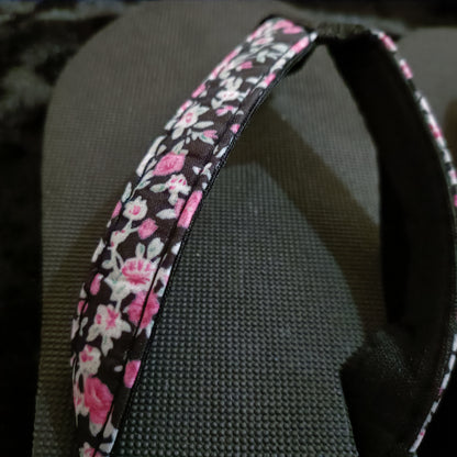 Black Wedge Flip Flops with Floral Strap