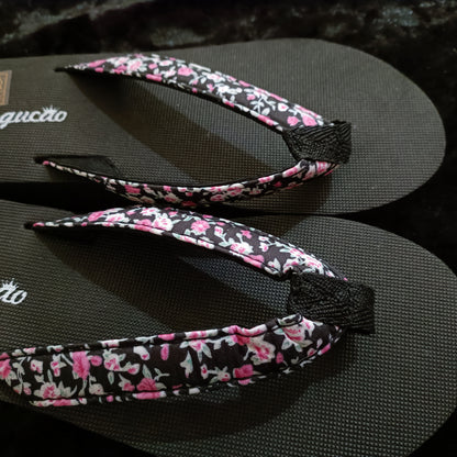 Black Wedge Flip Flops with Floral Strap