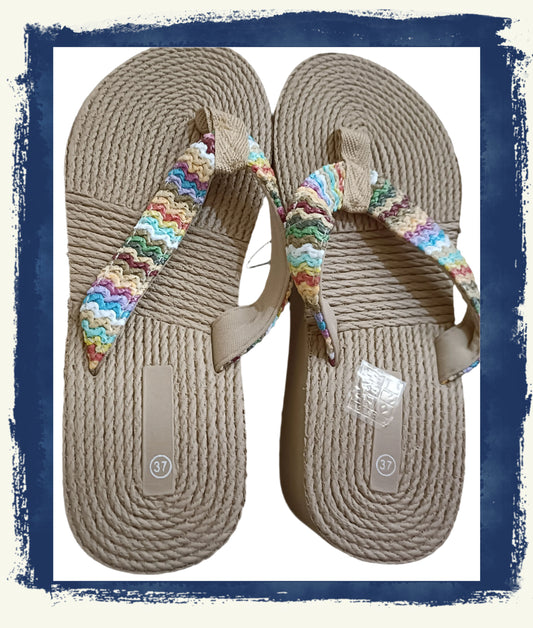Neutral/Beige Wedge Flip Flops with Pastel Multi Coloured Strap