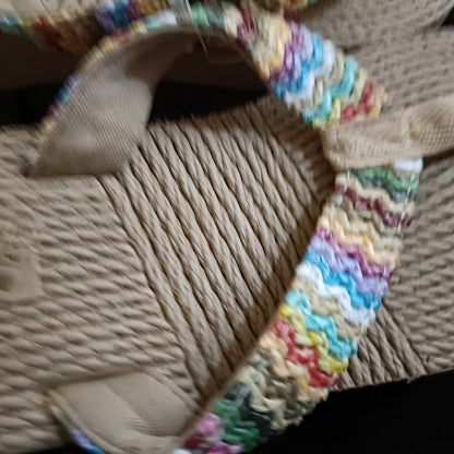 Neutral/Beige Wedge Flip Flops with Pastel Multi Coloured Strap
