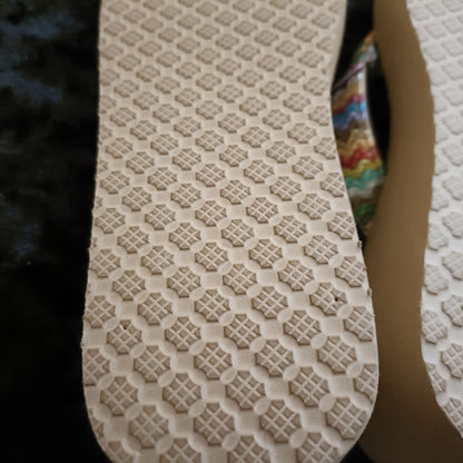 Neutral/Beige Wedge Flip Flops with Pastel Multi Coloured Strap