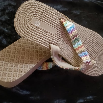 Neutral/Beige Wedge Flip Flops with Pastel Multi Coloured Strap