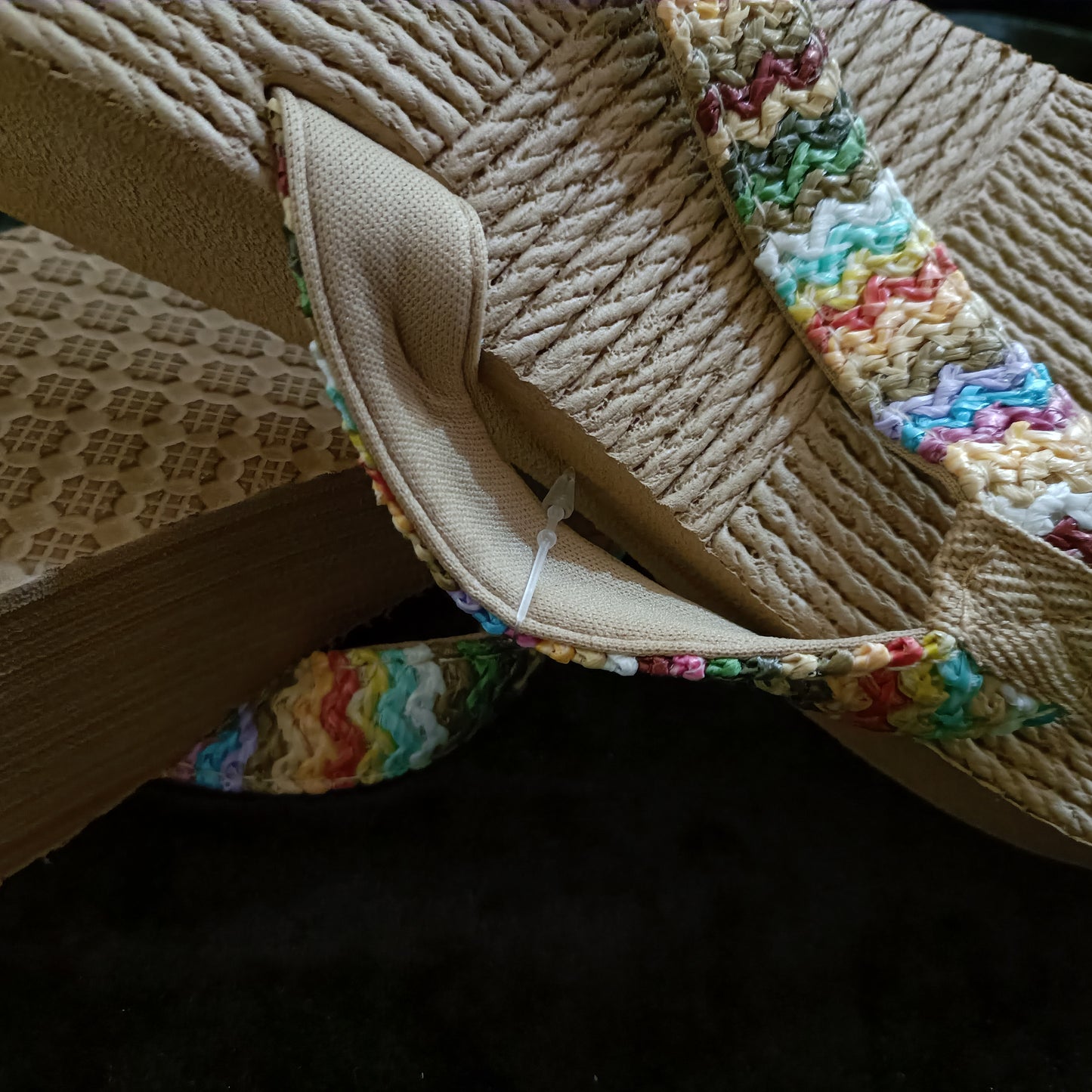 Neutral/Beige Wedge Flip Flops with Pastel Multi Coloured Strap