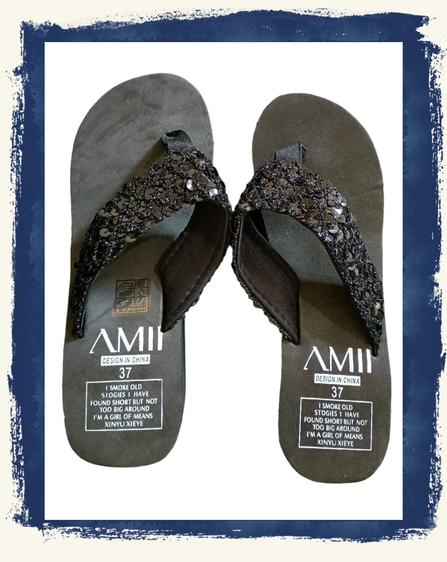 Black Sequin Wedge Flip Flops
