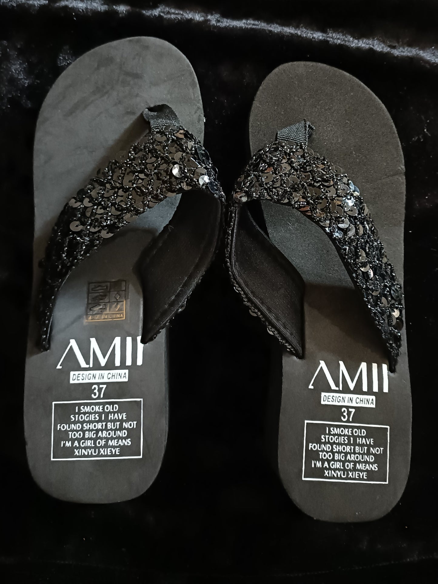 Black Sequin Wedge Flip Flops