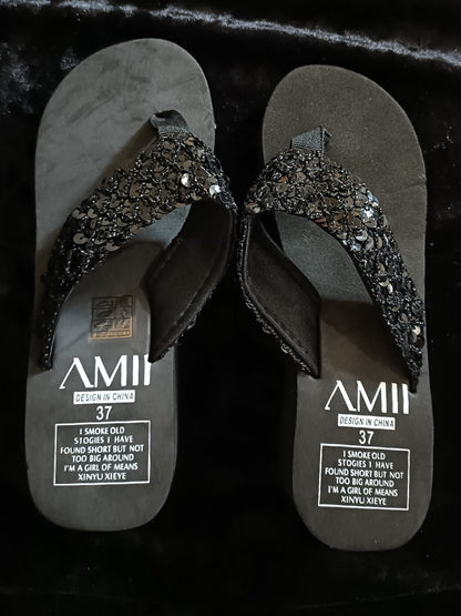 Black Sequin Wedge Flip Flops