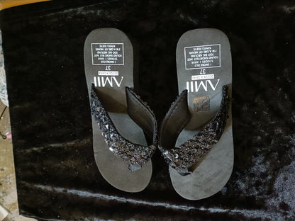 Black Sequin Wedge Flip Flops