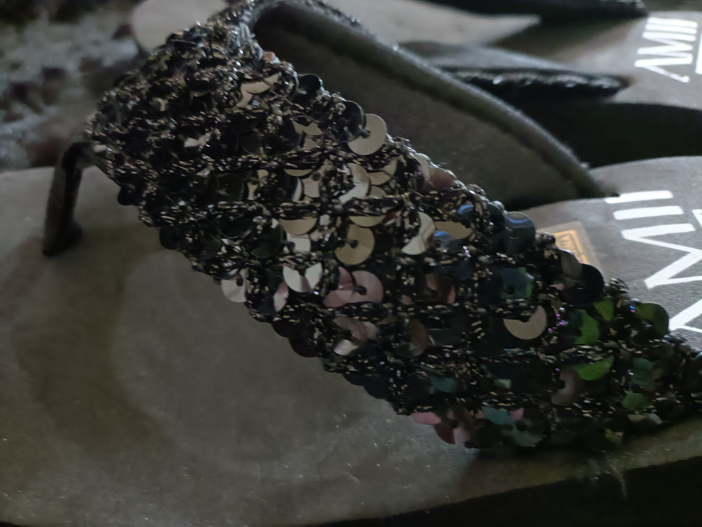 Black Sequin Wedge Flip Flops