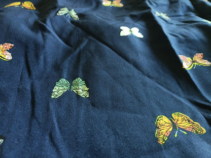Navy Butterfly Print Dress with Scalloped Hem