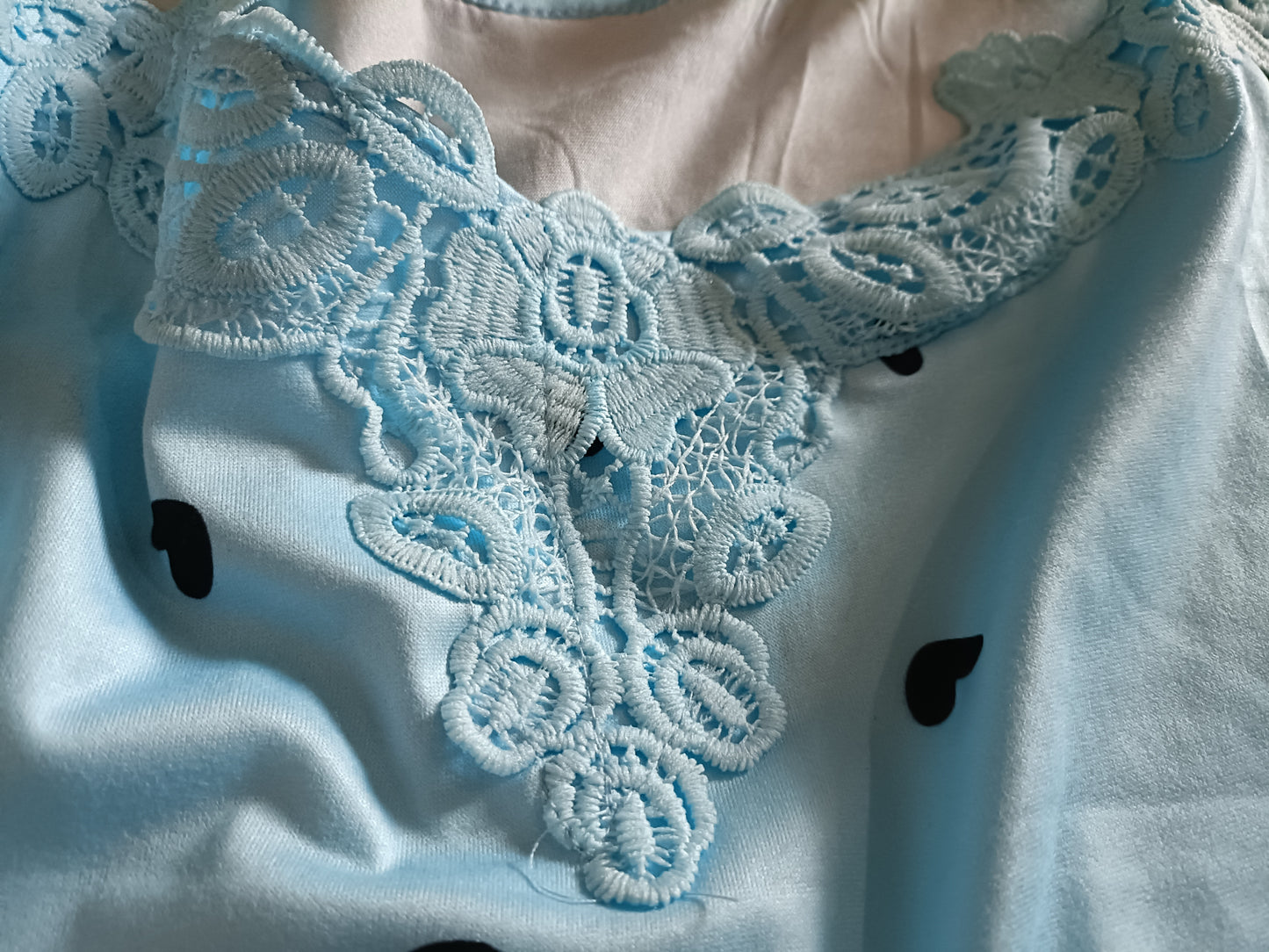 Blue Cold Shoulder Top with Heart Print and Lace Straps