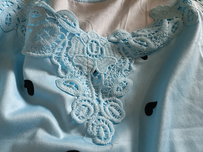 Blue Cold Shoulder Top with Heart Print and Lace Straps