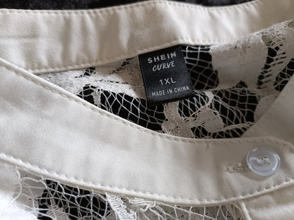 Off White Collarless Shirt with Sheer Lace Panel