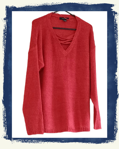 Red Loose Knit V Neck Jumper