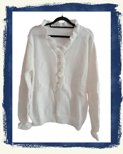 Off White Jumper with Ruffle Neck and Faux Pearl Button Detail