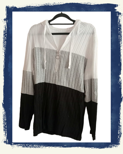 Black, White and Grey Block Stripe Half Zip Hoodie