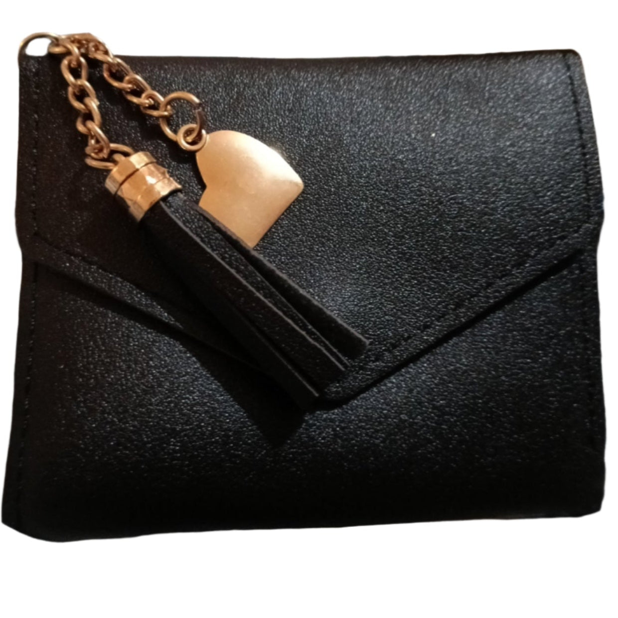 Black Envelope Style  Purse with Tassel and Gold Heart Charm