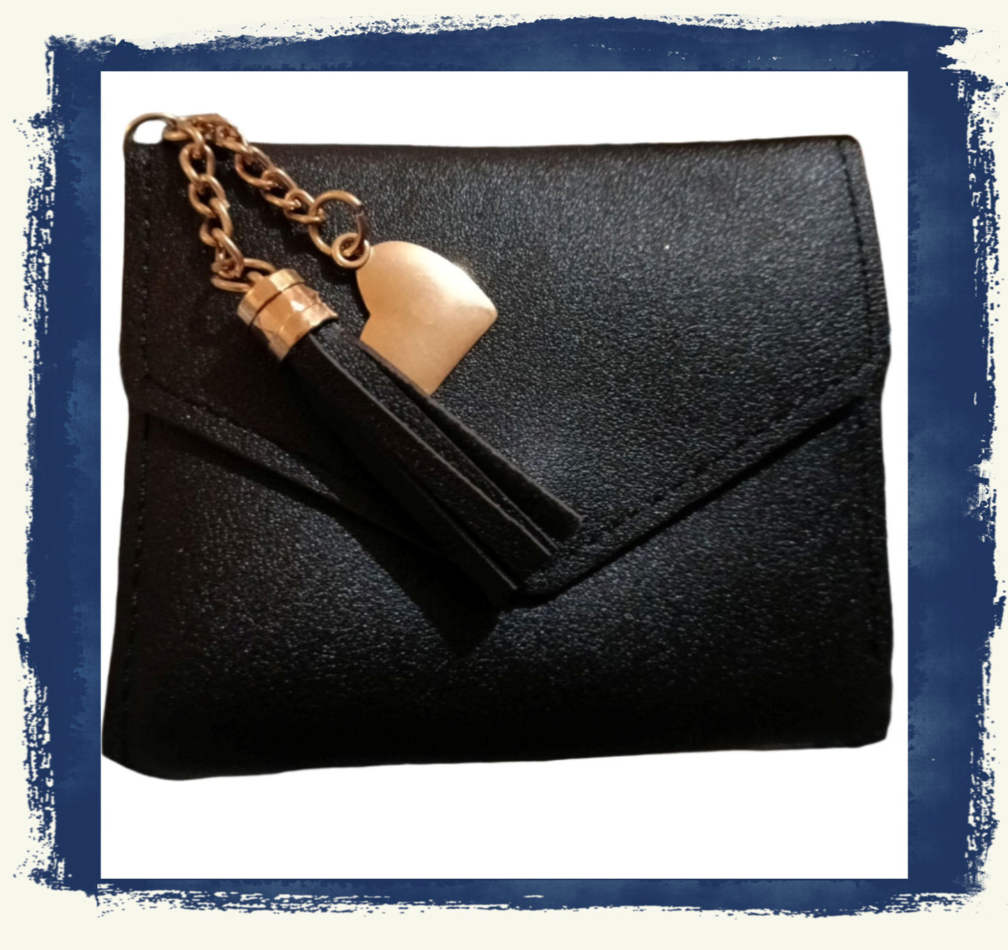 Black Envelope Style  Purse with Tassel and Gold Heart Charm