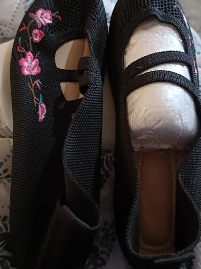 Black Embroidered Ballet Style Shoe with Straps