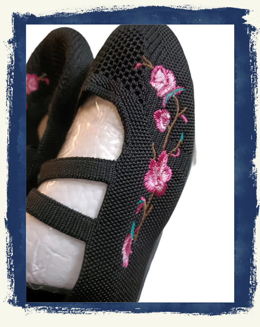 Black Embroidered Ballet Style Shoe with Straps