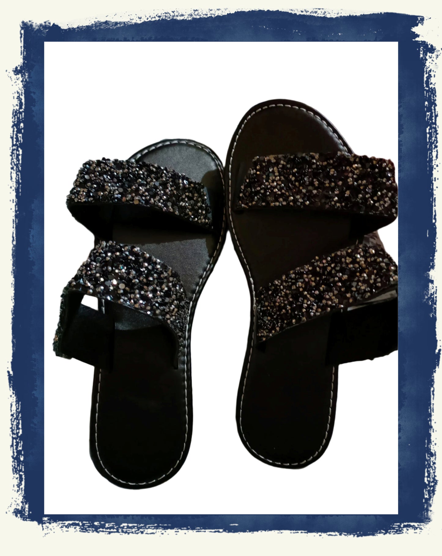 Flat Black Slider Sandals with Black Glitter Straps