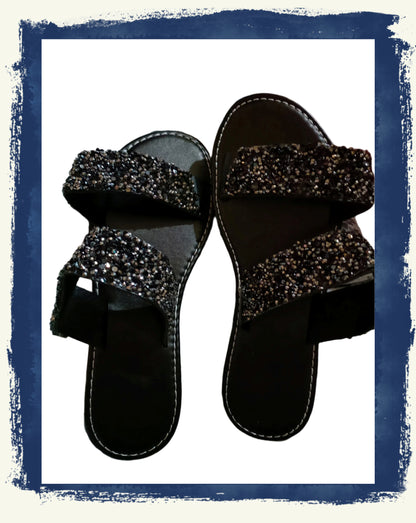 Flat Black Slider Sandals with Black Glitter Straps
