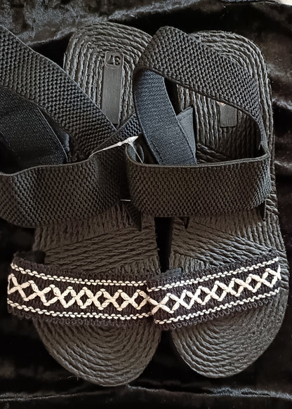 Black Casual Summer Sandals with Elasticated Straps and White Geometric Design