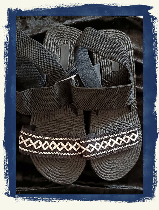 Black Casual Summer Sandals with Elasticated Straps and White Geometric Design