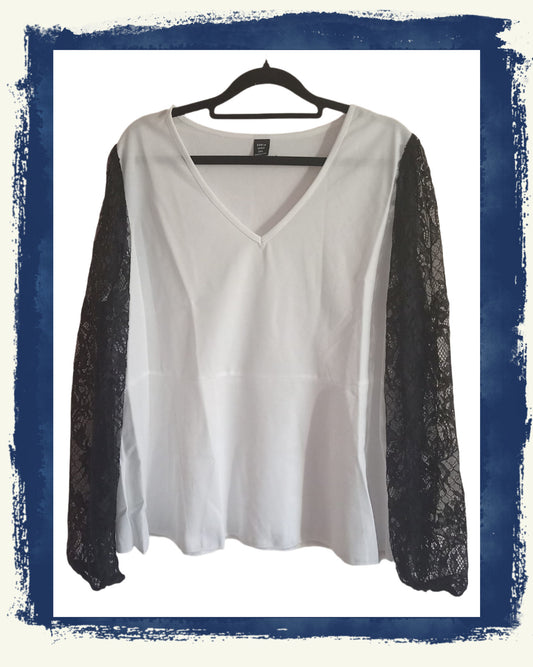 White Long Sleeve Top with Black Lace Sleeves