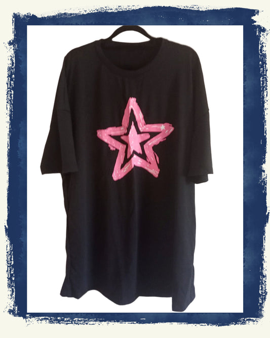 Black Short Sleeve T Shirt with Pink Star Print