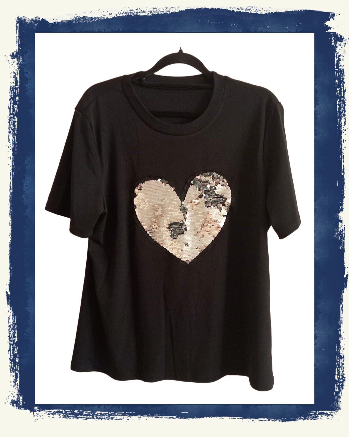 Black T Shirt with Sequin Heart Motif