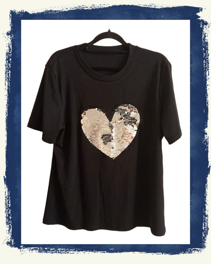Black T Shirt with Sequin Heart Motif